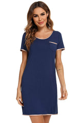Contrast Trim Pocketed Round Neck Lounge Dress Sleep Dresses - Tophatter Daily Deals