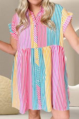 Striped Collared Neck Cap Sleeve Mini Dress Stripe Casual Dresses - Tophatter Daily Deals