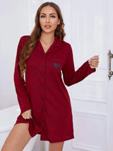 Heart Graphic Lapel Collar Long Sleeve Night Dress Red Sleep Dresses - Tophatter Daily Deals