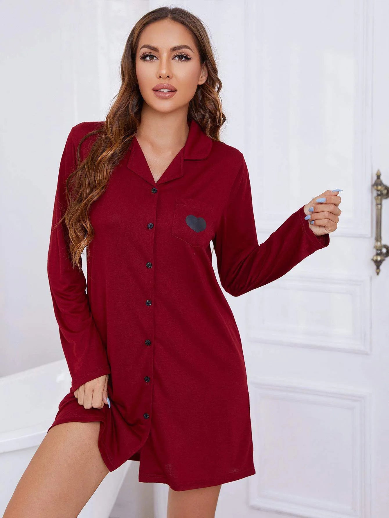 Heart Graphic Lapel Collar Long Sleeve Night Dress Red Sleep Dresses - Tophatter Daily Deals