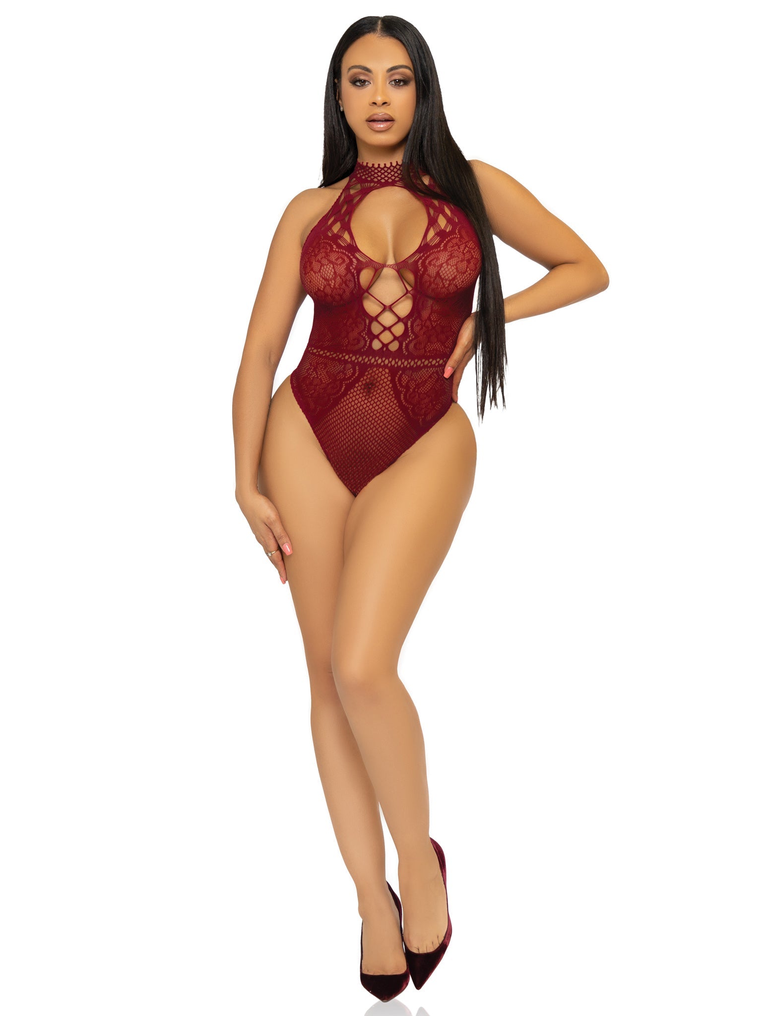 Net and Lace Keyhole Halter Bodysuit (Burgundy) – One Size Lingerie > Clothes > Bodies and Playsuits - Tophatter Daily Deals