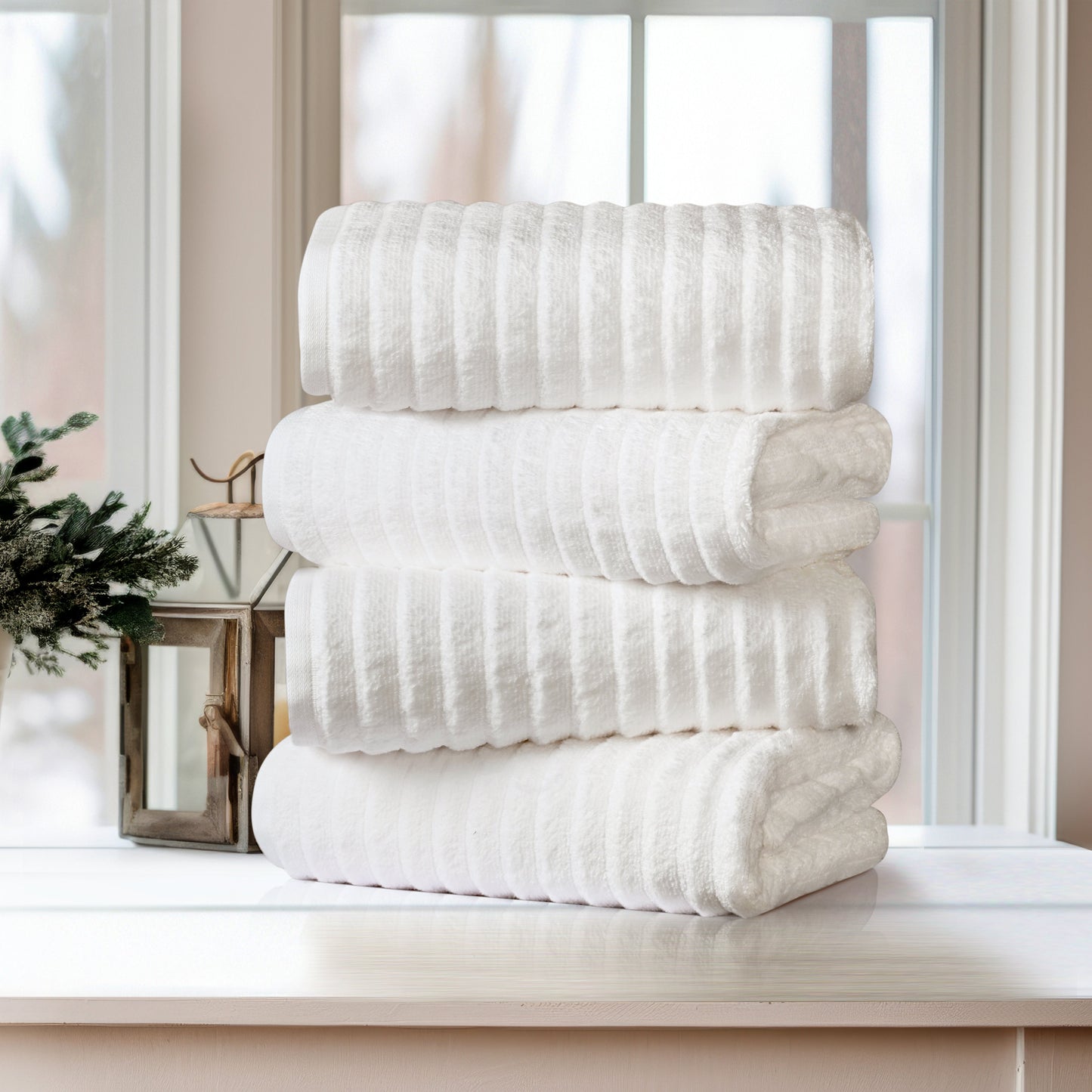 Bibb Home 4 Pack Ribbed Egyptian Cotton Bath Towel Set White Bath Towel - Tophatter Daily Deals