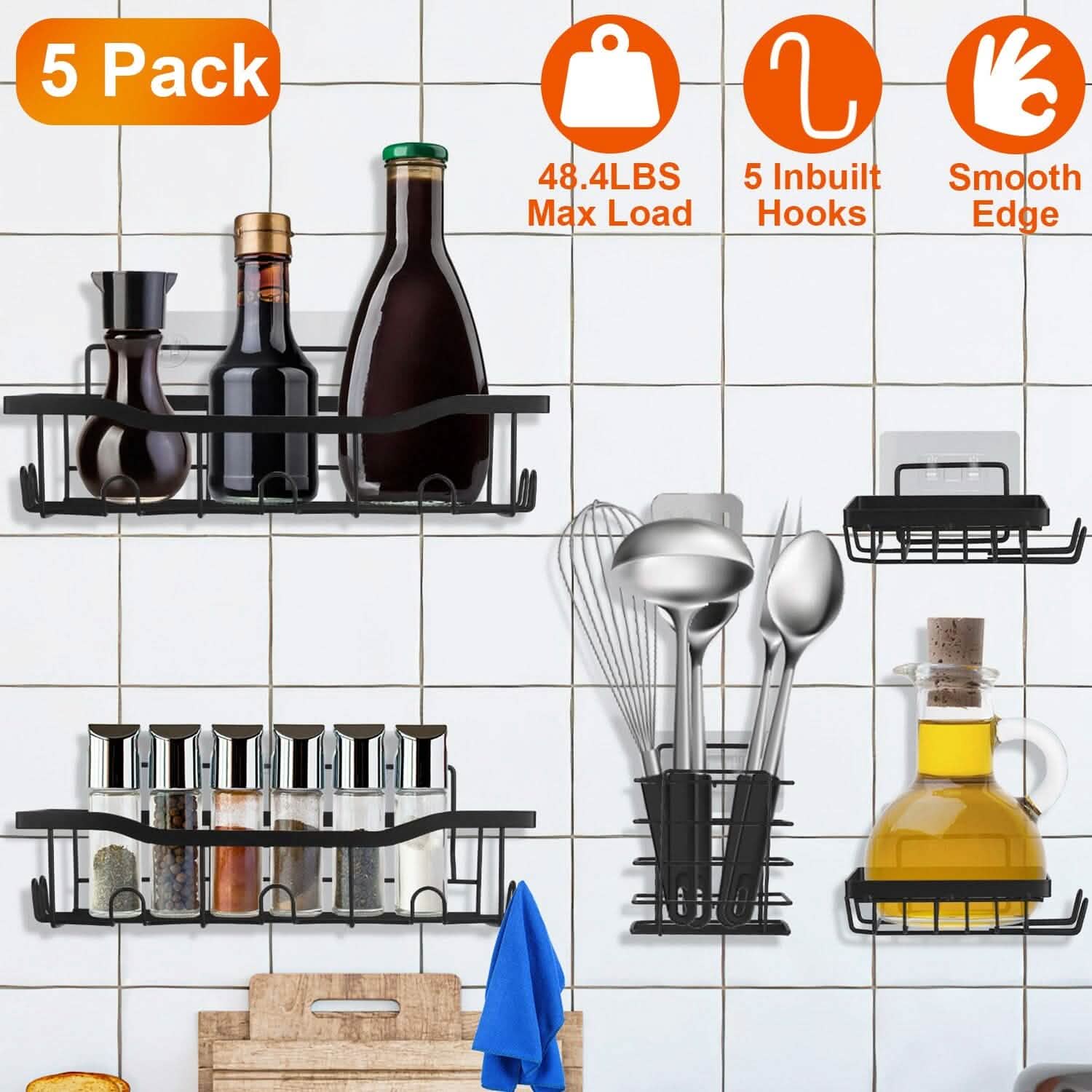 5-Pack: Shower Caddy Shelves with 18 Inbuilt Hooks Bath - Tophatter Daily Deals