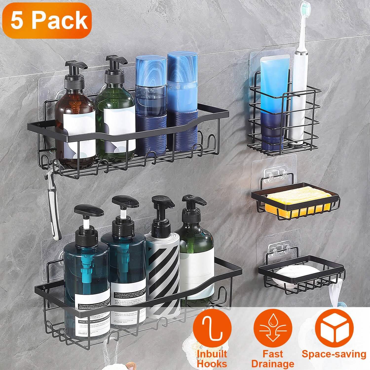 5-Pack: Shower Caddy Shelves with 18 Inbuilt Hooks Bath - Tophatter Daily Deals