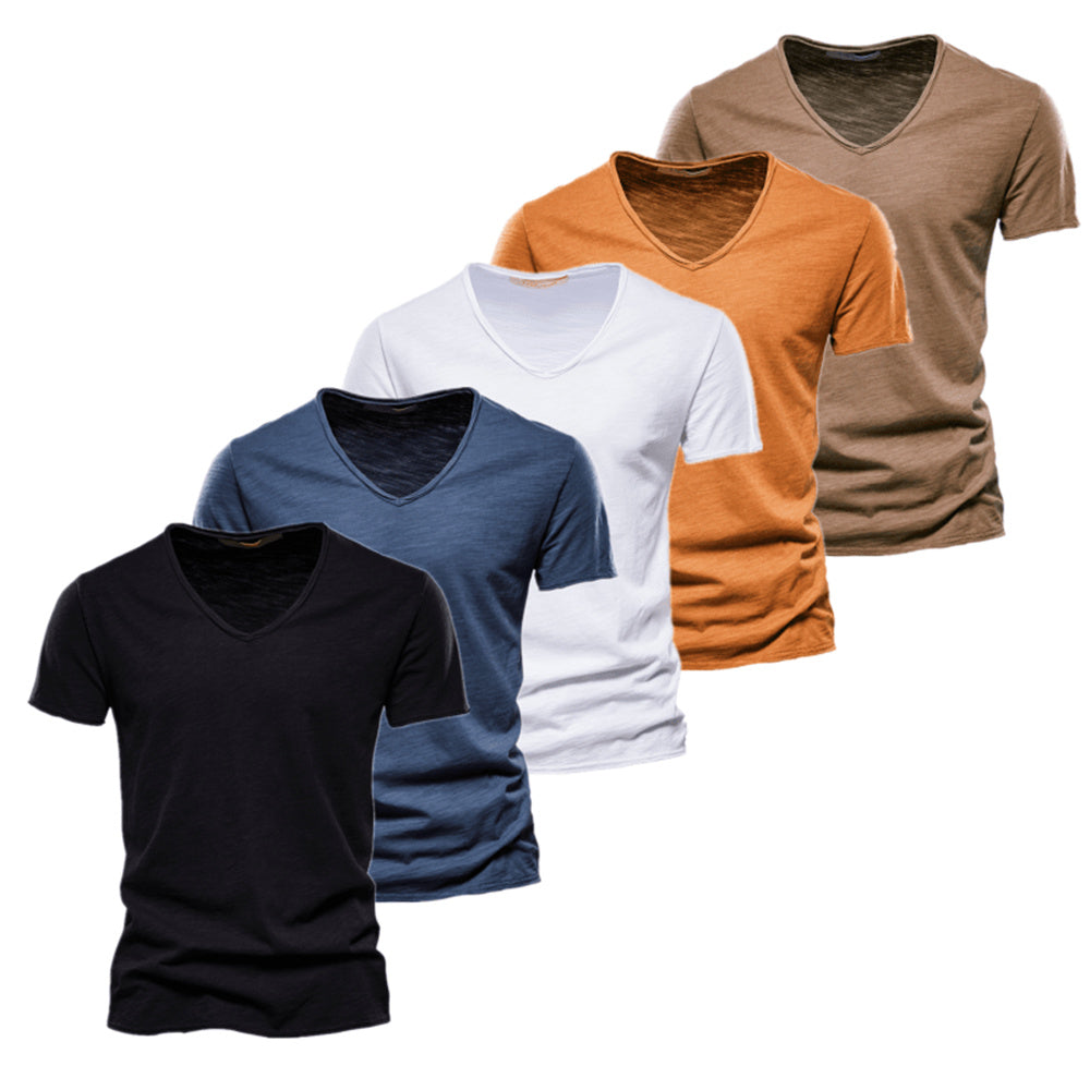 5 Piece T Shirt Men Casual Cotton Slim Fit V-neck Men T-Shirts - Tophatter Daily Deals