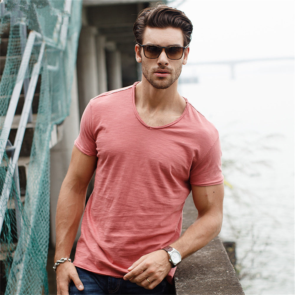 5 Piece T Shirt Men Casual Cotton Slim Fit V-neck Men T-Shirts - Tophatter Daily Deals