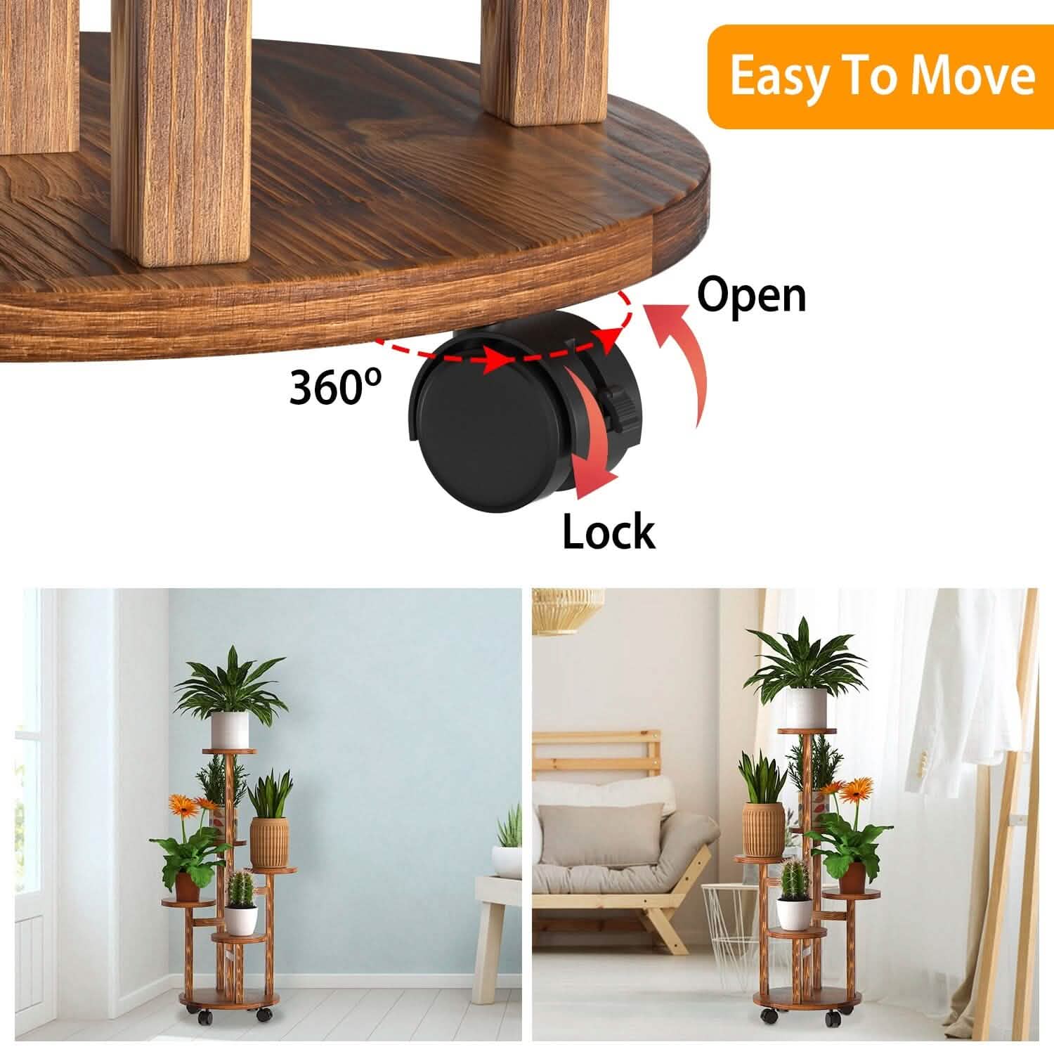 5-Tier Plant Stand with 4 Detachable Wheels Wooden Plant Pot Rolling Shelf Furniture & Decor - Tophatter Daily Deals