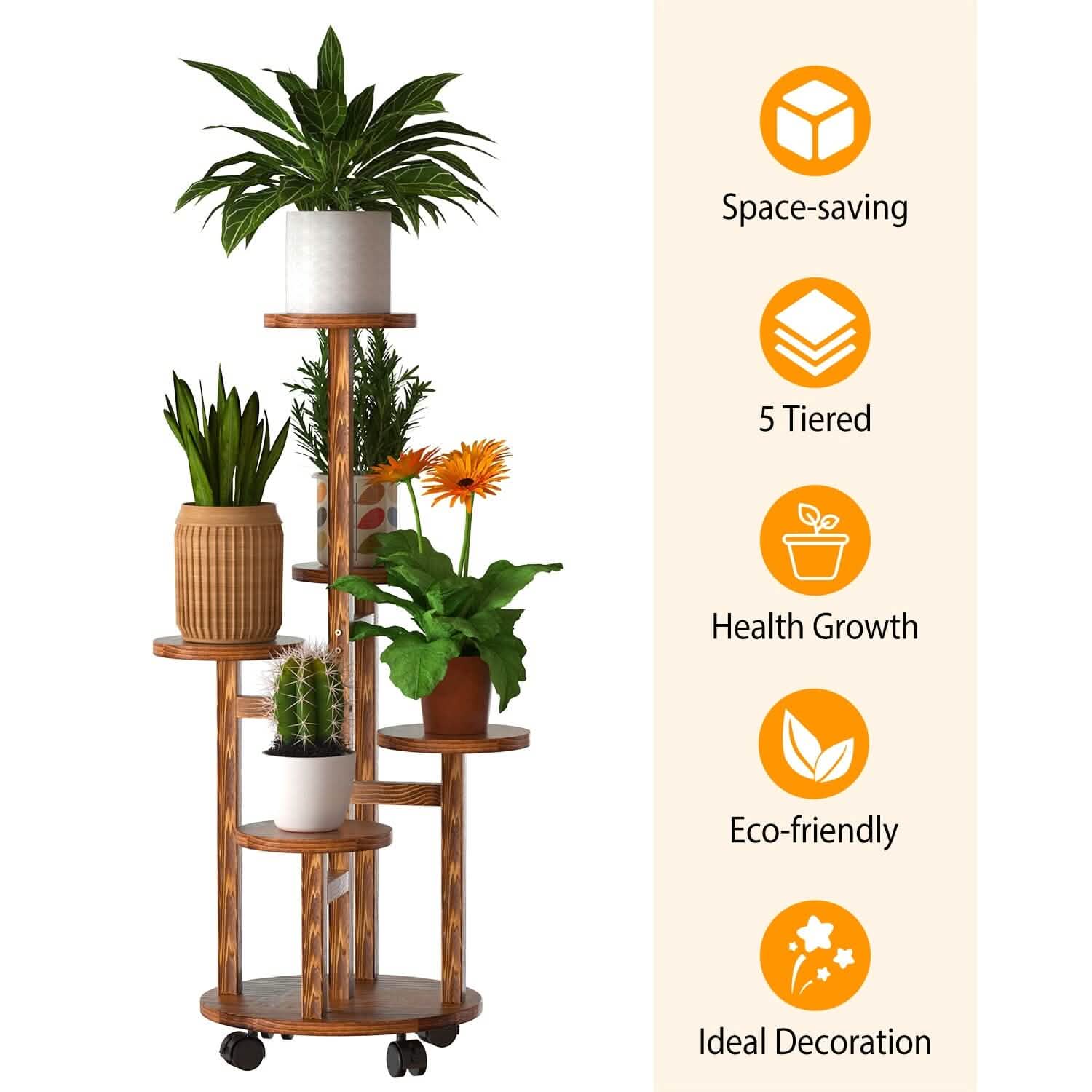 5-Tier Plant Stand with 4 Detachable Wheels Wooden Plant Pot Rolling Shelf Furniture & Decor - Tophatter Daily Deals