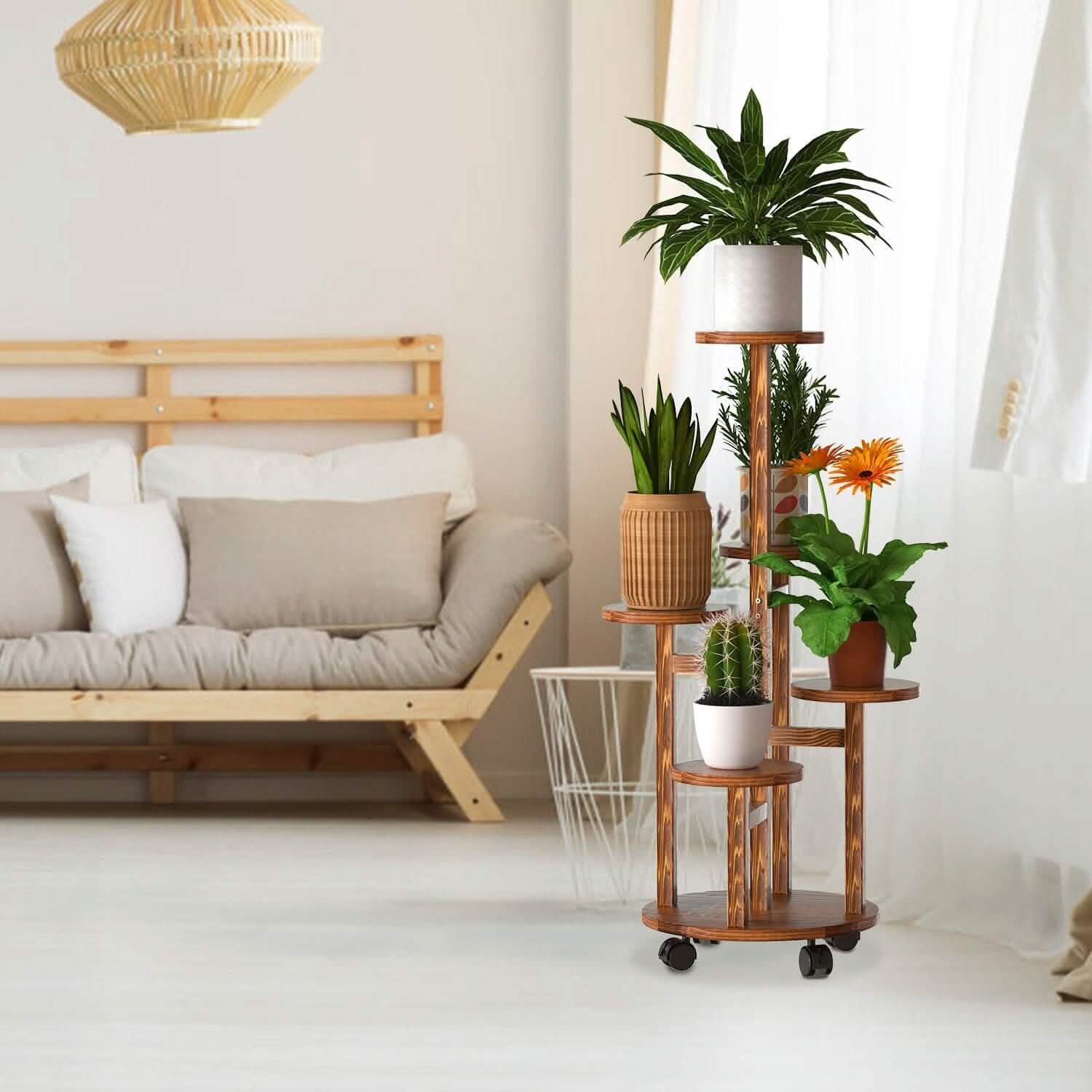5-Tier Plant Stand with 4 Detachable Wheels Wooden Plant Pot Rolling Shelf Furniture & Decor - Tophatter Daily Deals