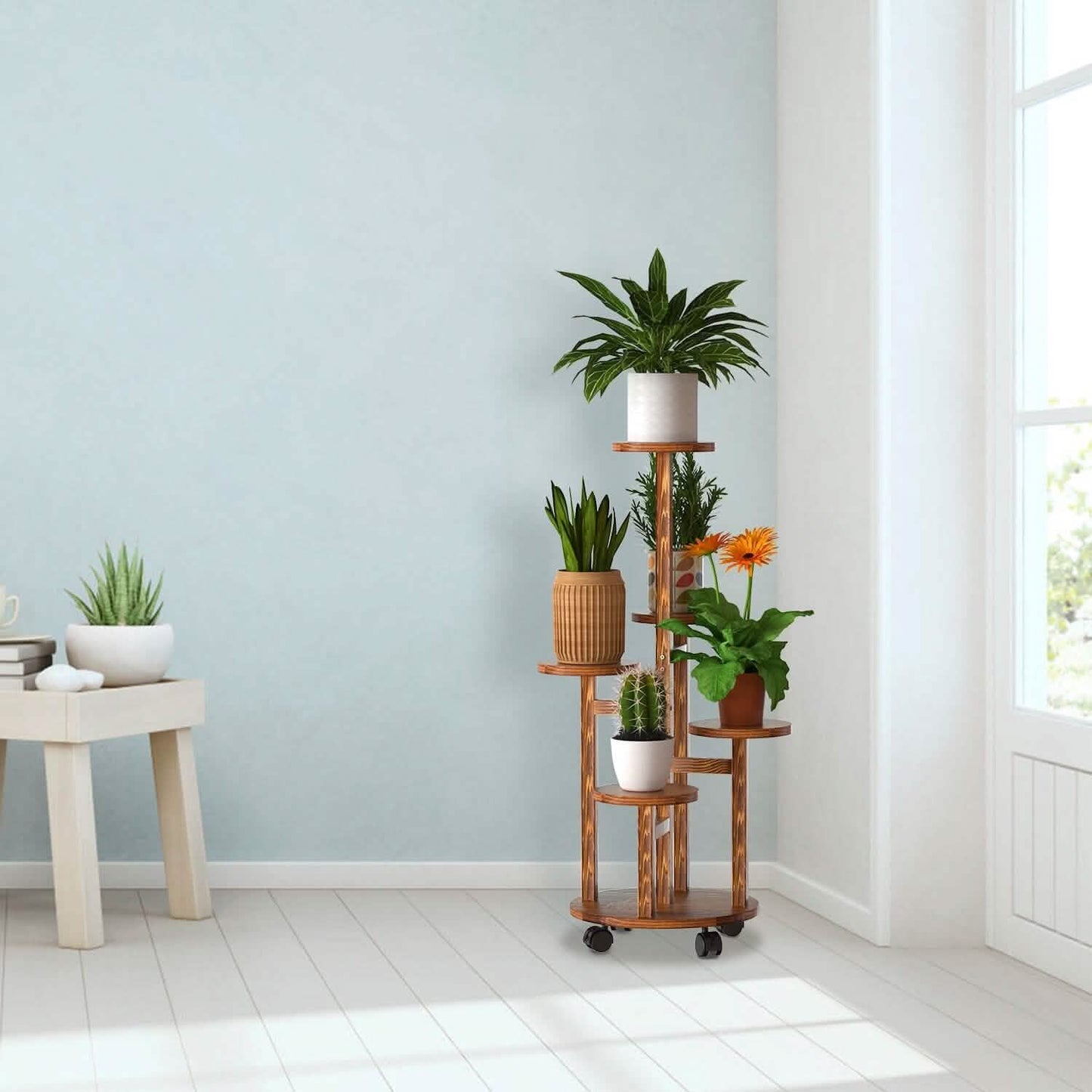 5-Tier Plant Stand with 4 Detachable Wheels Wooden Plant Pot Rolling Shelf Furniture & Decor - Tophatter Daily Deals
