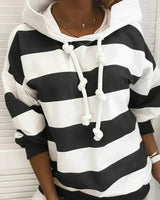 Soft Women’s Hooded Pullover - Striped Relaxed Cotton, Casual Black - Tophatter Daily Deals