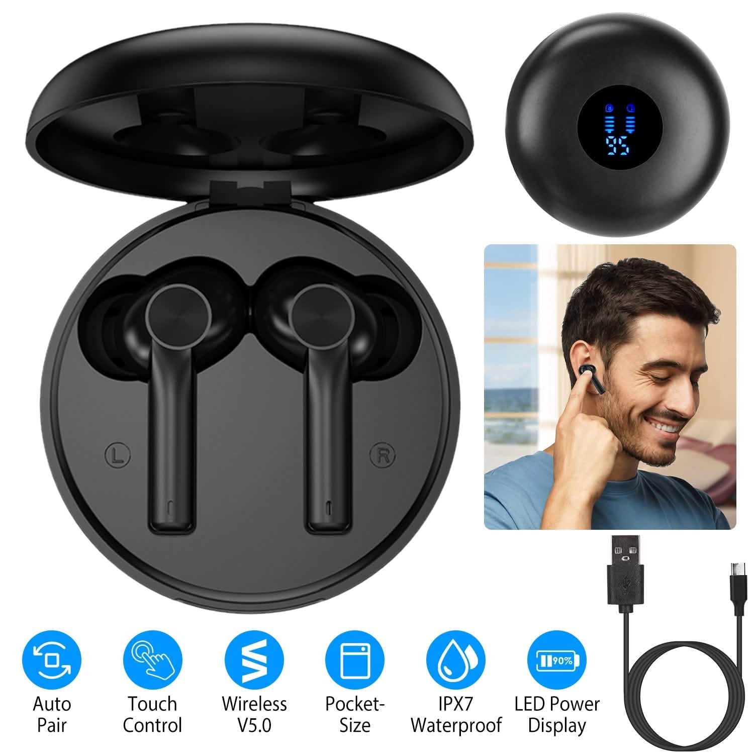 5.0 TWS Wireless Earbuds Headphones - Tophatter Daily Deals