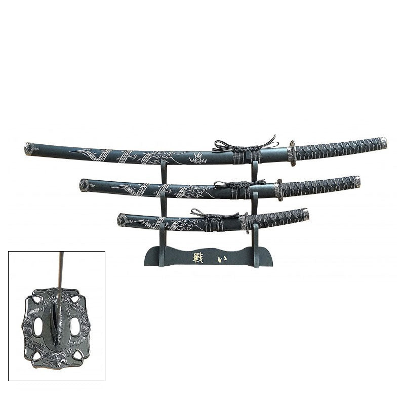Black 3 Pcs Dragon Samurai Katana Sword Set with Stand - TOPHATTER'S ARMORY DEALS Collectible Weapons - Tophatter Daily Deals