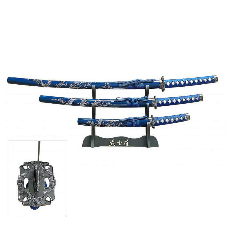 Blue 3 Pcs Dragon Samurai Katana Sword Set with Stand - TOPHATTER'S ARMORY DEALS Collectible Weapons - Tophatter Daily Deals