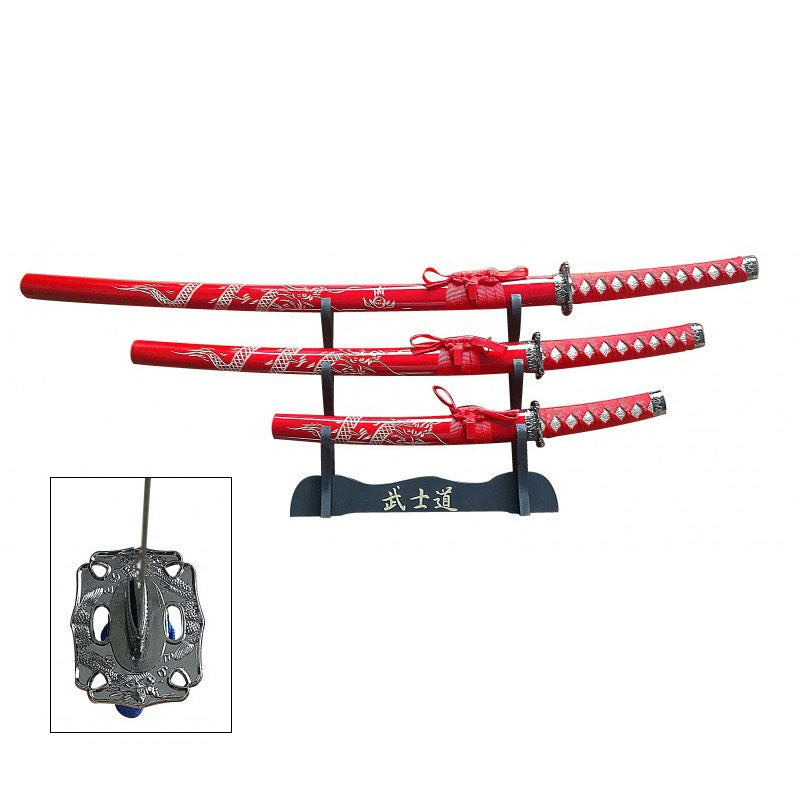 Red 3 Pcs Dragon Samurai Katana Sword Set with Stand - Tophatter's Guns'N'Weapons Store - FREE SHIPPING Collectible Weapons - Tophatter Daily Deals