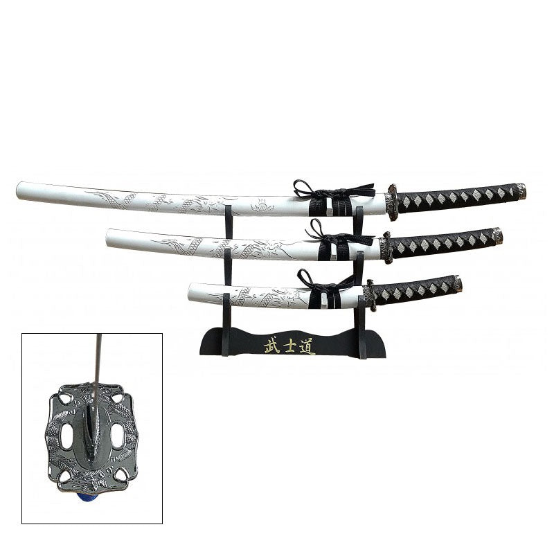 White 3 Pcs Dragon Samurai Katana Sword Set with Stand - Tophatter's Guns'N'Weapons Store Collectible Weapons - Tophatter Daily Deals