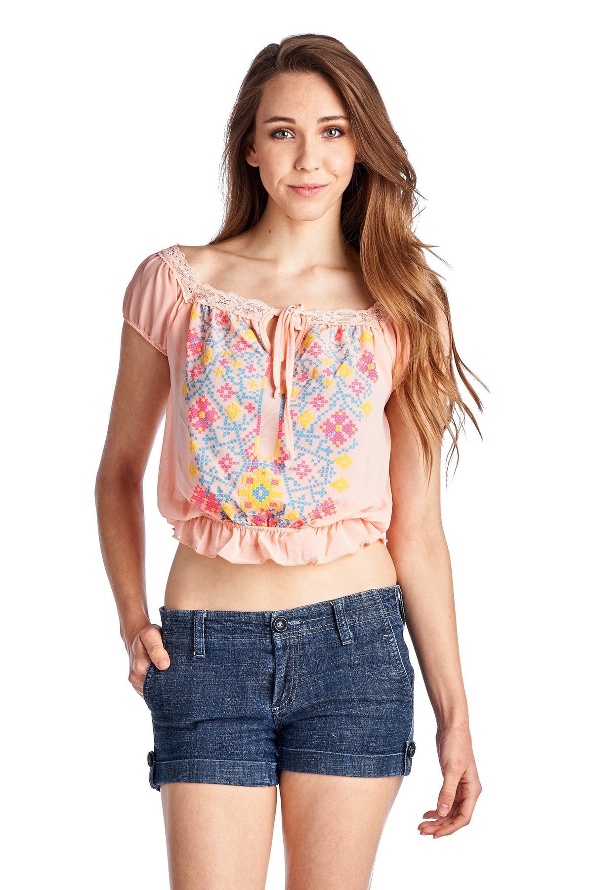 Women's Aztec Floral Embroidered Bell Sleeve Crop Top Blush 1 Tops - Tophatter Daily Deals