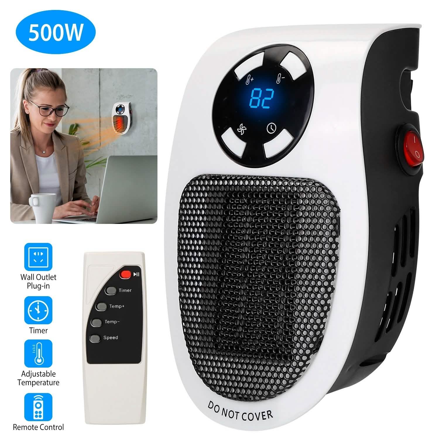 500W Portable Heater Fan Wall Outlet with Remote Control Household Appliances - Tophatter Daily Deals