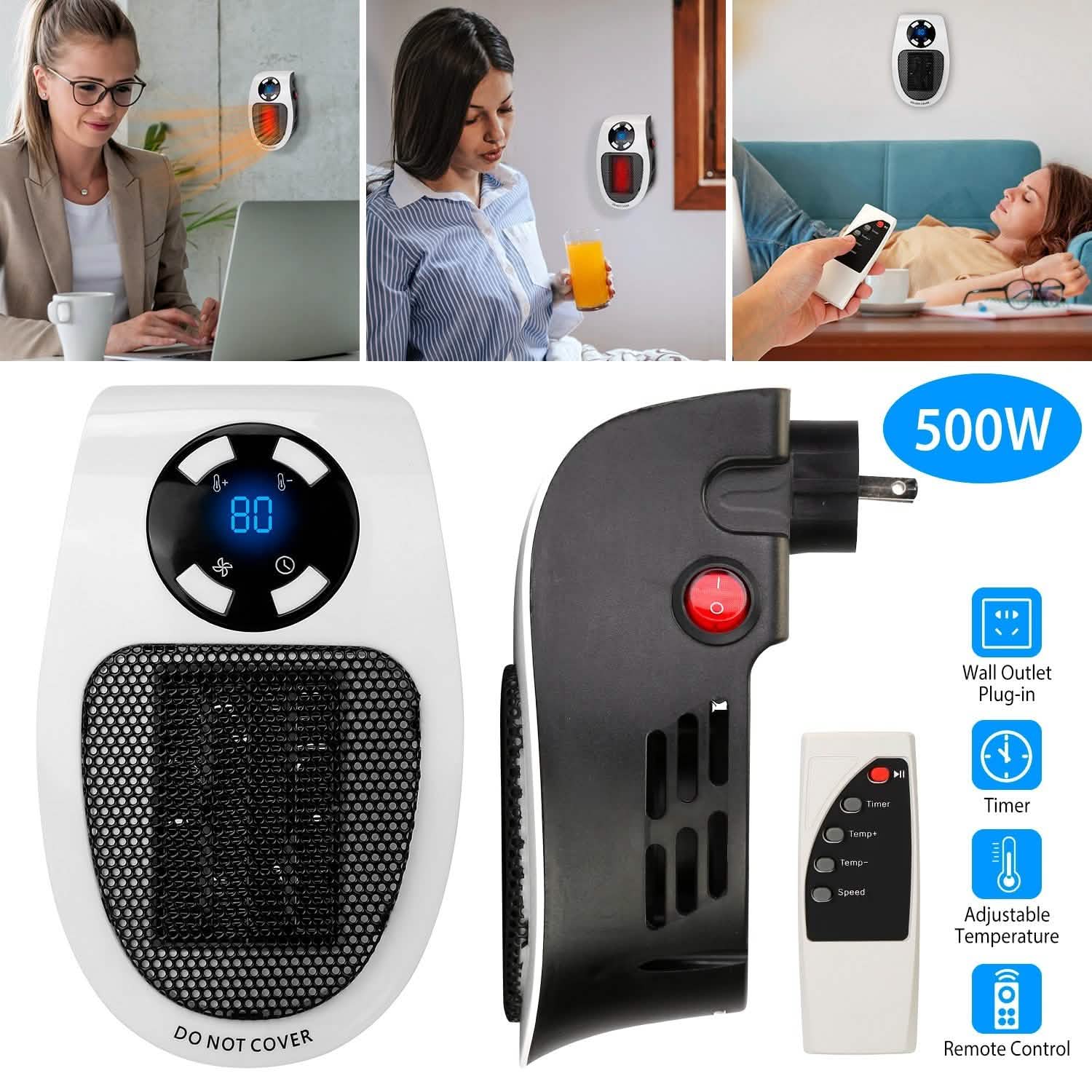 500W Portable Heater Fan Wall Outlet with Remote Control Household Appliances - Tophatter Daily Deals