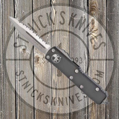 Microtech UTX-85 - Black Chassis - Fully Serrated D/E Satin Blade - 232-6 Automatic Knives - Tophatter Daily Deals
