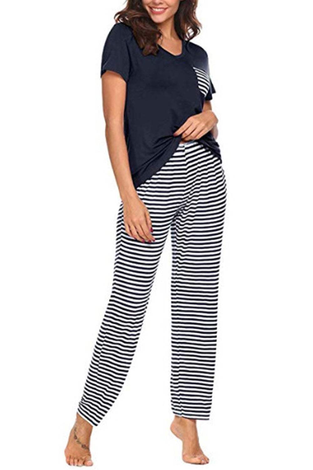 Pocketed Short Sleeve Top and Striped Pants Lounge Set Loungewear Sets Apparel & Accessories Fast Shipping Free Shipping H#Y Lingerie Sleepwear Loungewear Loungewear Sets New Deals Sexy sexy lingerie Ship From Overseas Ship from USA USA USA STOCK - Tophatter Daily Deals And Savings