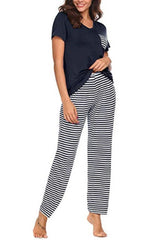 Pocketed Short Sleeve Top and Striped Pants Lounge Set Loungewear Sets - Tophatter Daily Deals