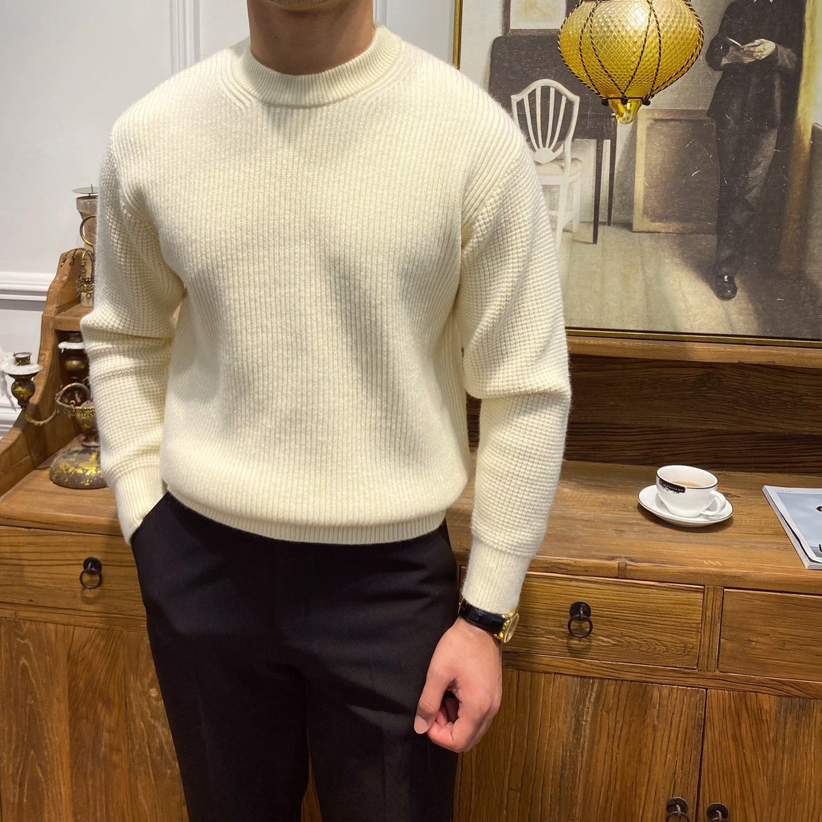Warm Mens Crewneck Sweater - Ribbed Knit, Acrylic, Winter Apricot 3D Changing Face Moving Picture Frame - Tophatter Daily Deals