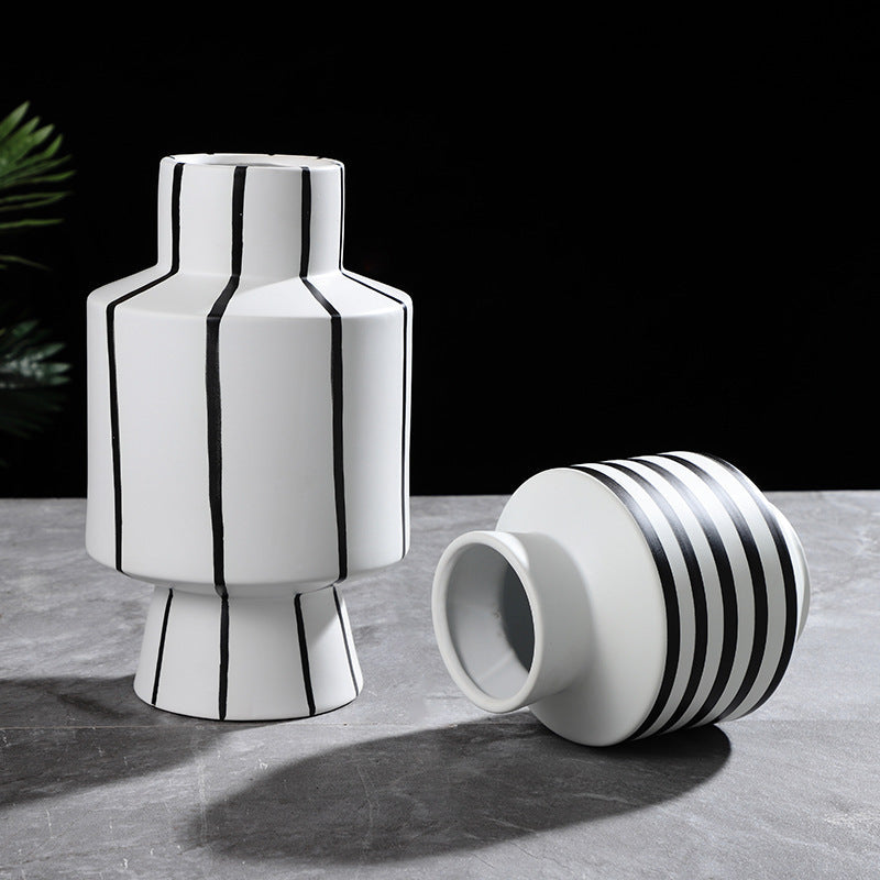 Black And White Striped Ceramic Vase Light Luxury Modern Home 0 - Tophatter Daily Deals