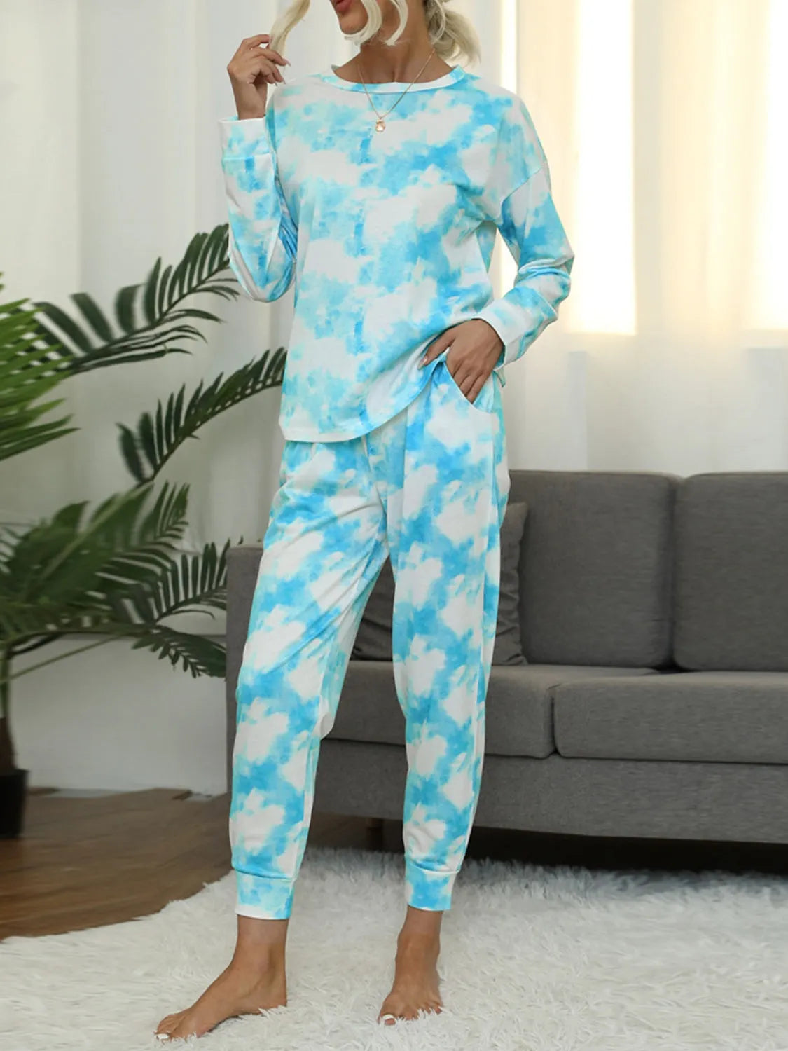 Tie-Dye Round Neck Top and Pants Lounge Set Pastel Blue Loungewear Sets - Tophatter Daily Deals