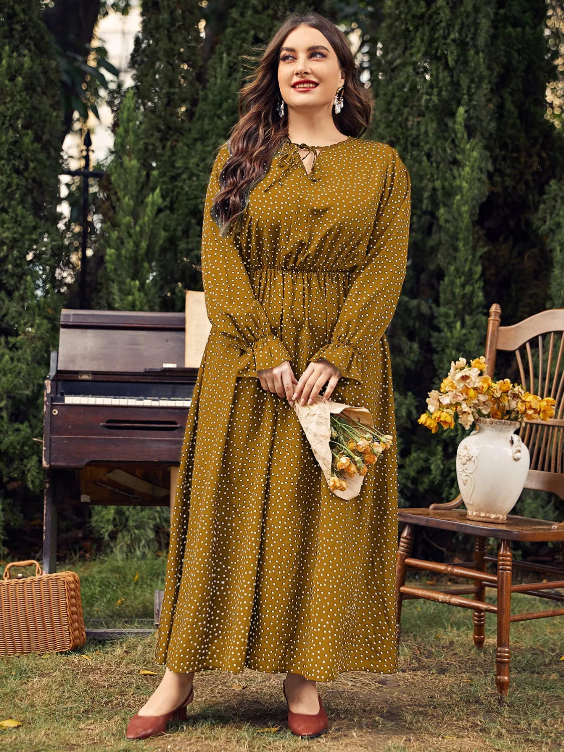 Plus Size Ruffled Polka Dot Long Sleeve Midi Dress Olive Casual Dresses - Tophatter Daily Deals