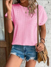 Eyelet Round Neck Short Sleeve T-Shirt Carnation Pink Women's T-Shirts - Tophatter Daily Deals