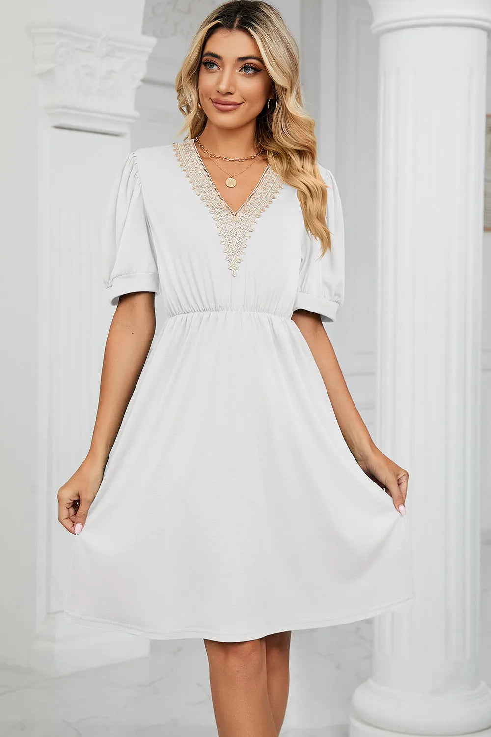 V-Neck Puff Sleeve Dress White Casual Dresses - Tophatter Daily Deals