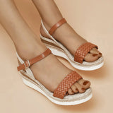 Summer Thick-soled Braided Design Sandals New Fashion Casual Linen Buckle Wedges Shoes For Women Brown Humidifier - Tophatter Daily Deals