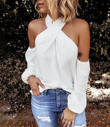 Back zipper halter solid color stitching top White 0 - Tophatter Daily Deals