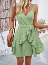 Ruffled Layered Surplice Mini Cami Dress Sage Casual Dresses - Tophatter Daily Deals