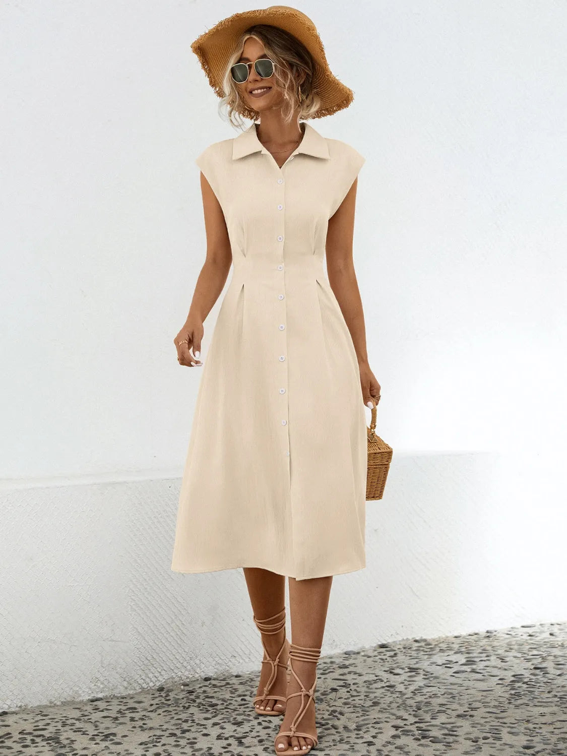 Button Up Cap Sleeve Midi Dress Sand Casual Dresses - Tophatter Daily Deals