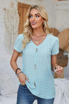 Decorative Button Eyelet V-Neck Short Sleeve T-Shirt Pastel Blue Women's T-Shirts - Tophatter Daily Deals