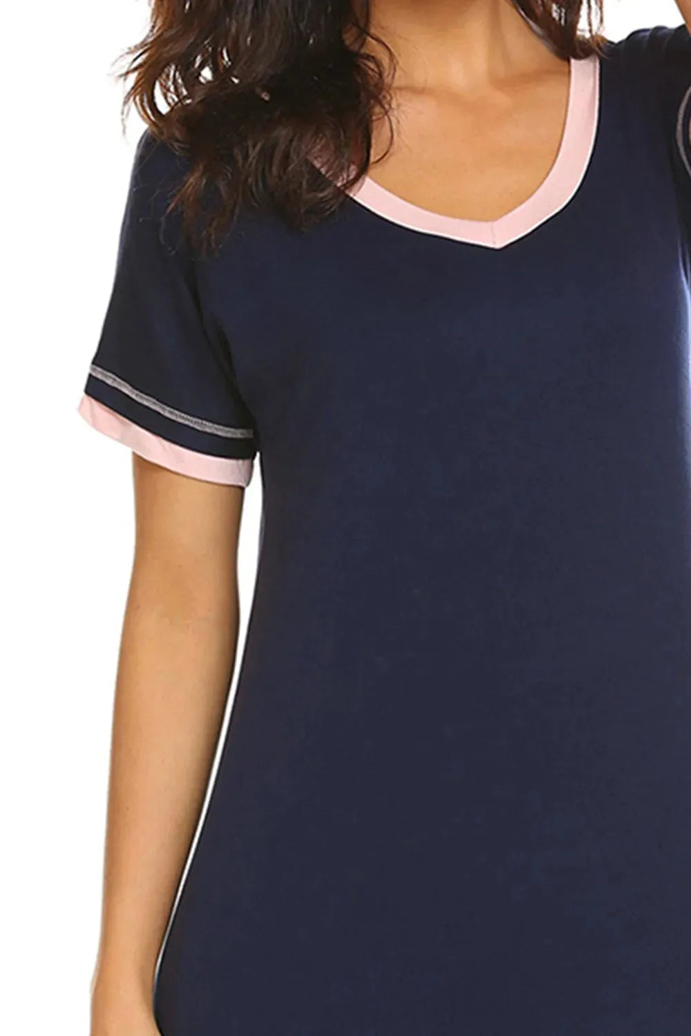Contrast Trim Short Sleeve Lounge Dress Sleep Dresses - Tophatter Daily Deals