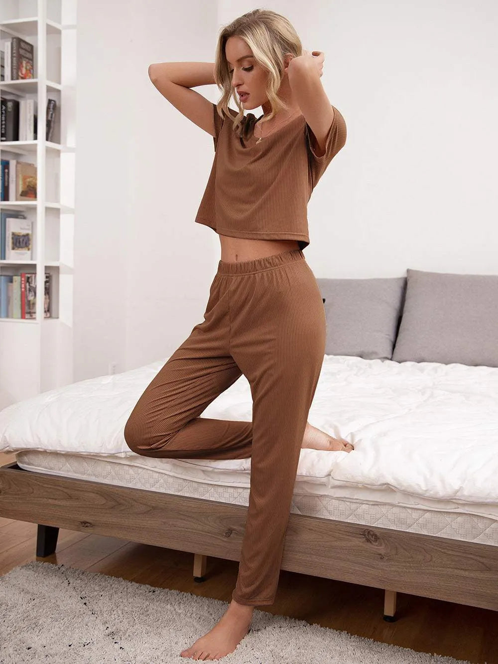 Round Neck Short Sleeve Top and Pants Lounge Set Caramel Loungewear Sets - Tophatter Daily Deals