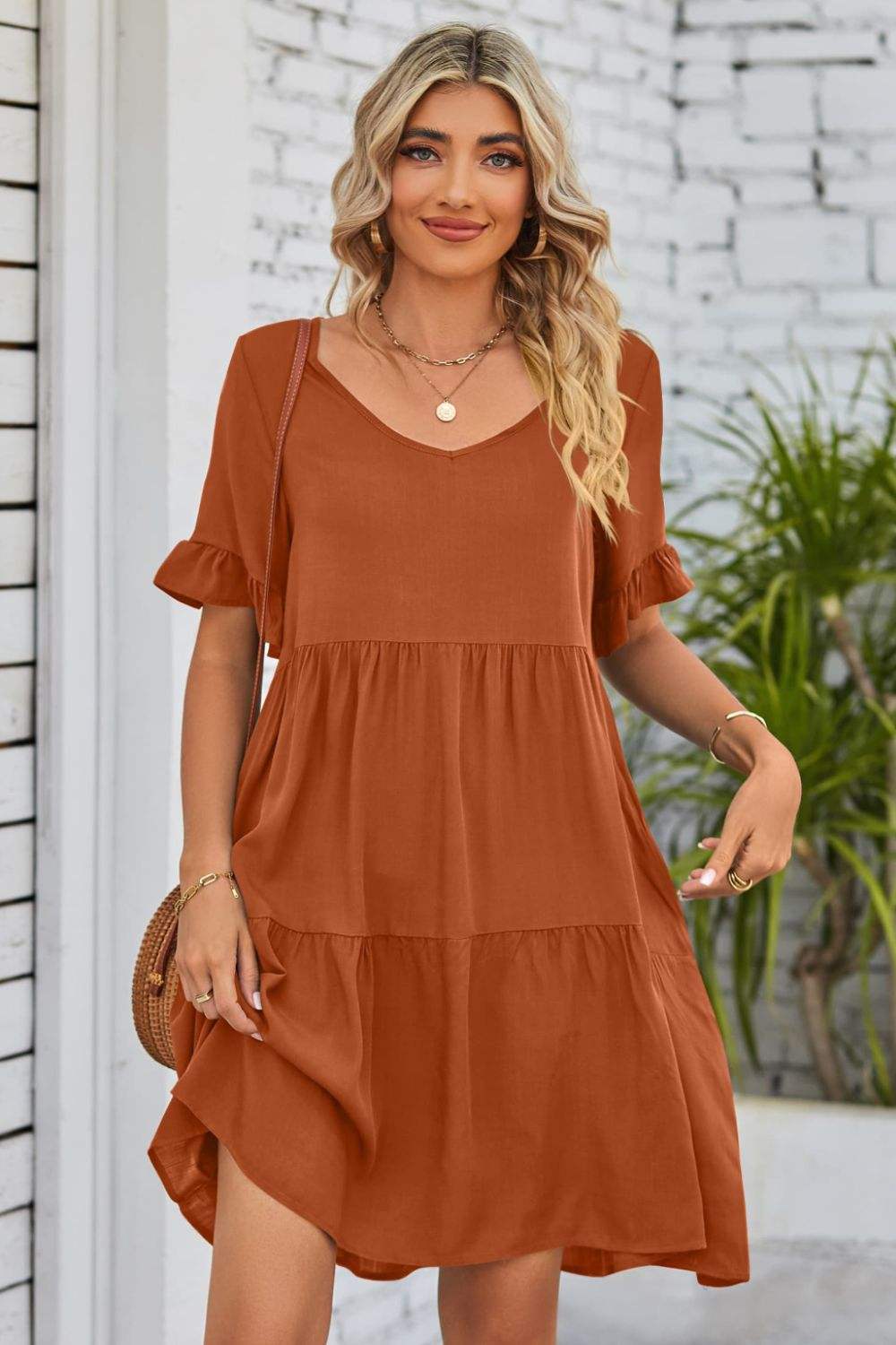 V-Neck Flounce Sleeve Tiered Dress Brick Red Casual Dresses - Tophatter Daily Deals