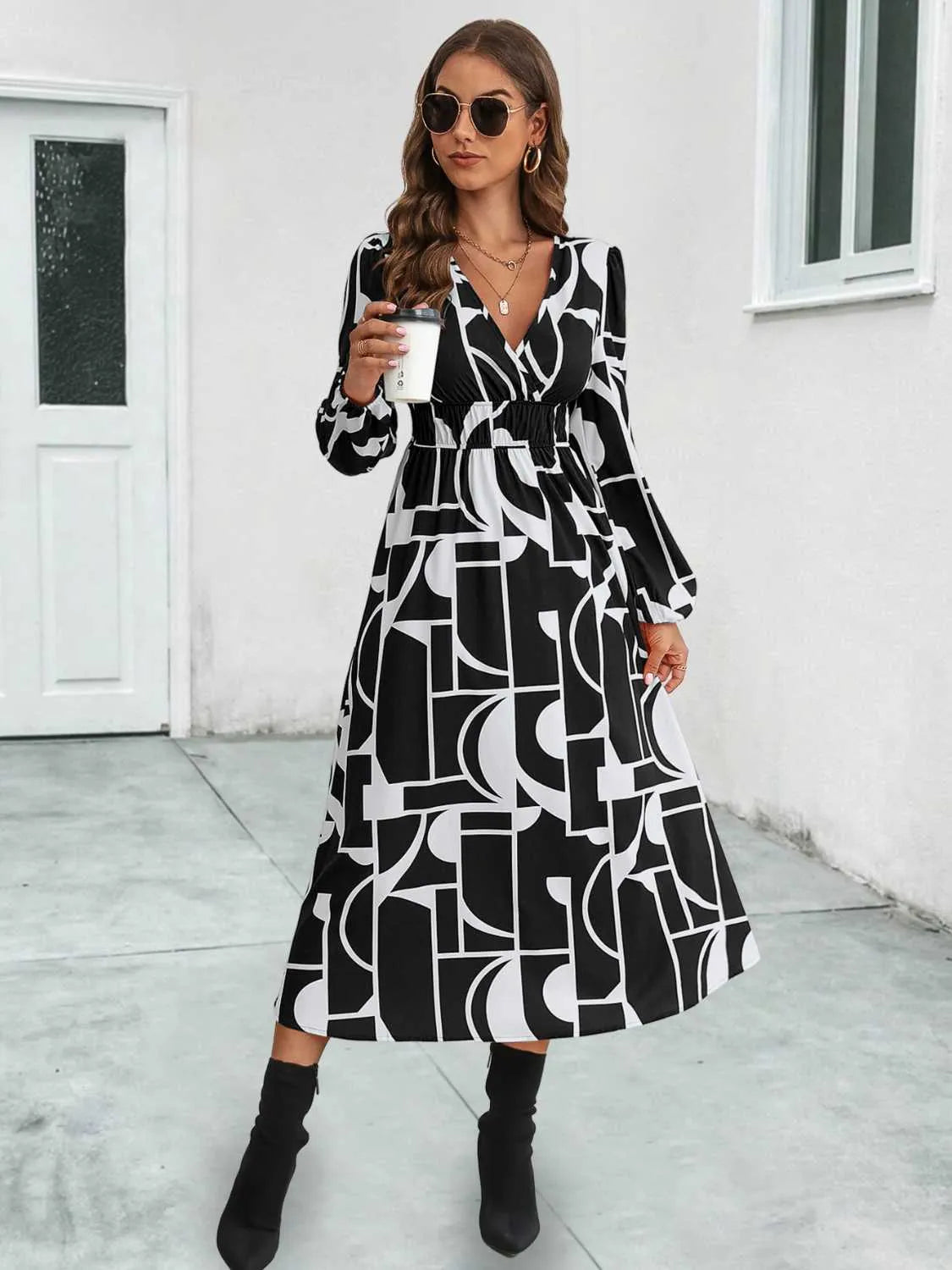 Surplice Neck Long Sleeve Midi Dress Black Casual Dresses - Tophatter Daily Deals