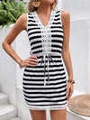 Tied Striped V-Neck Sleeveless Mini Dress Black Casual Dresses - Tophatter Daily Deals