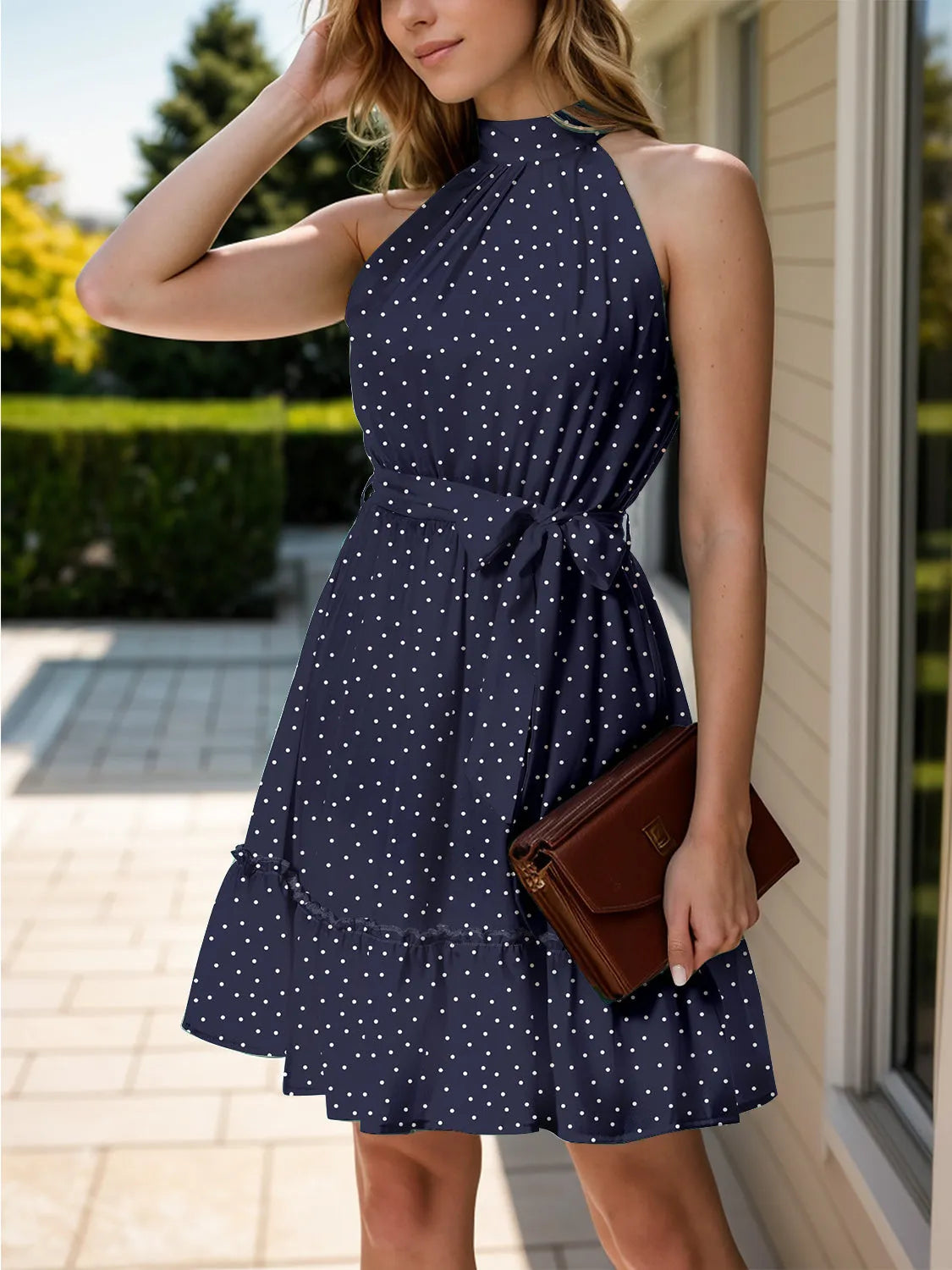 Tied Polka Dot Grecian Sleeveless Dress Navy Casual Dresses - Tophatter Daily Deals