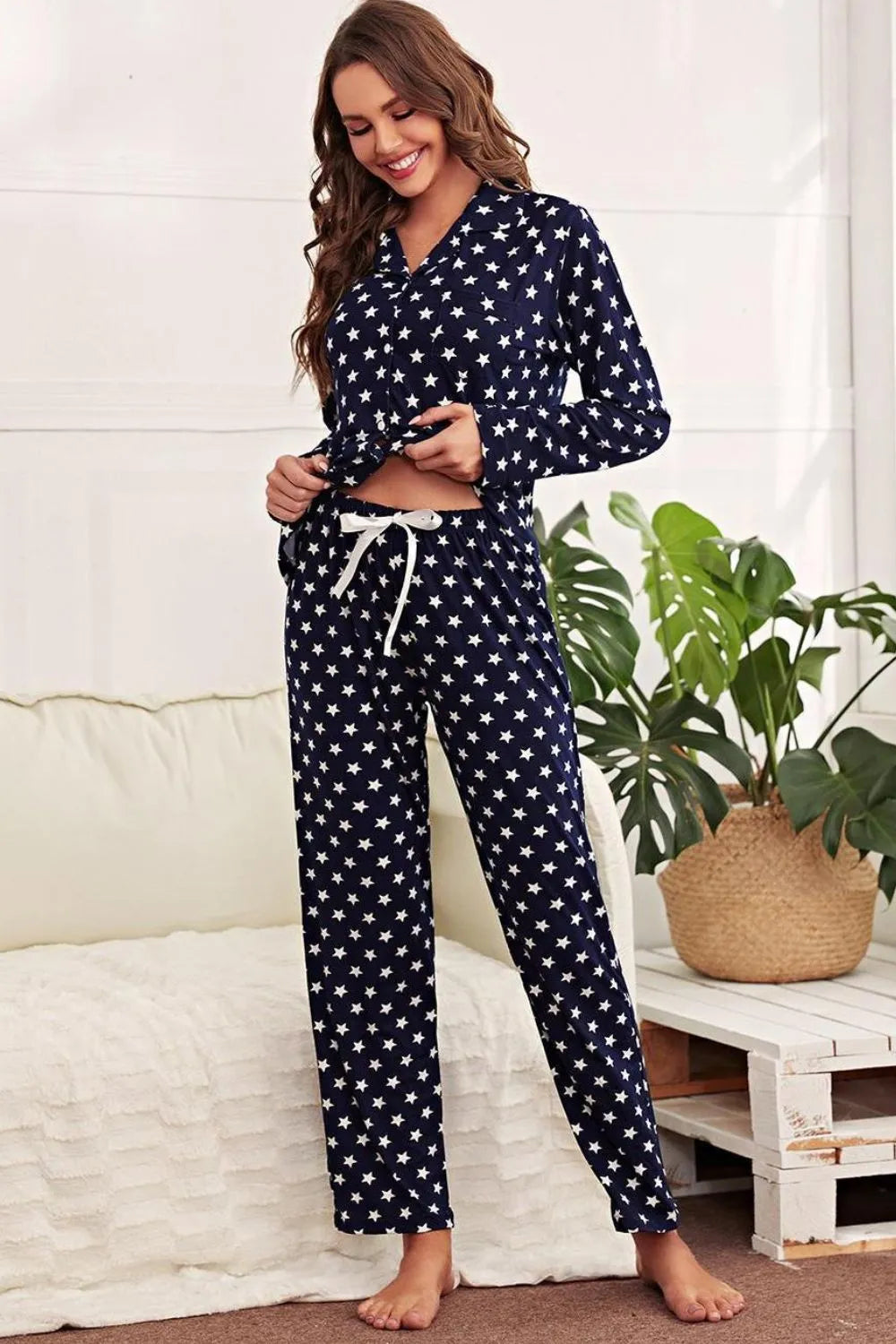 Star Print Button-Up Shirt and Pants Lounge Set Loungewear Sets - Tophatter Daily Deals