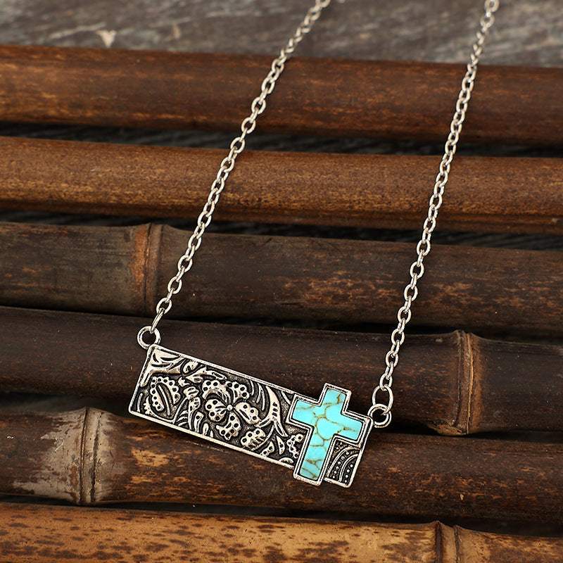 Artificial Turquoise Cross Bar Necklace Pastel Blue One Size Necklaces - Tophatter Daily Deals