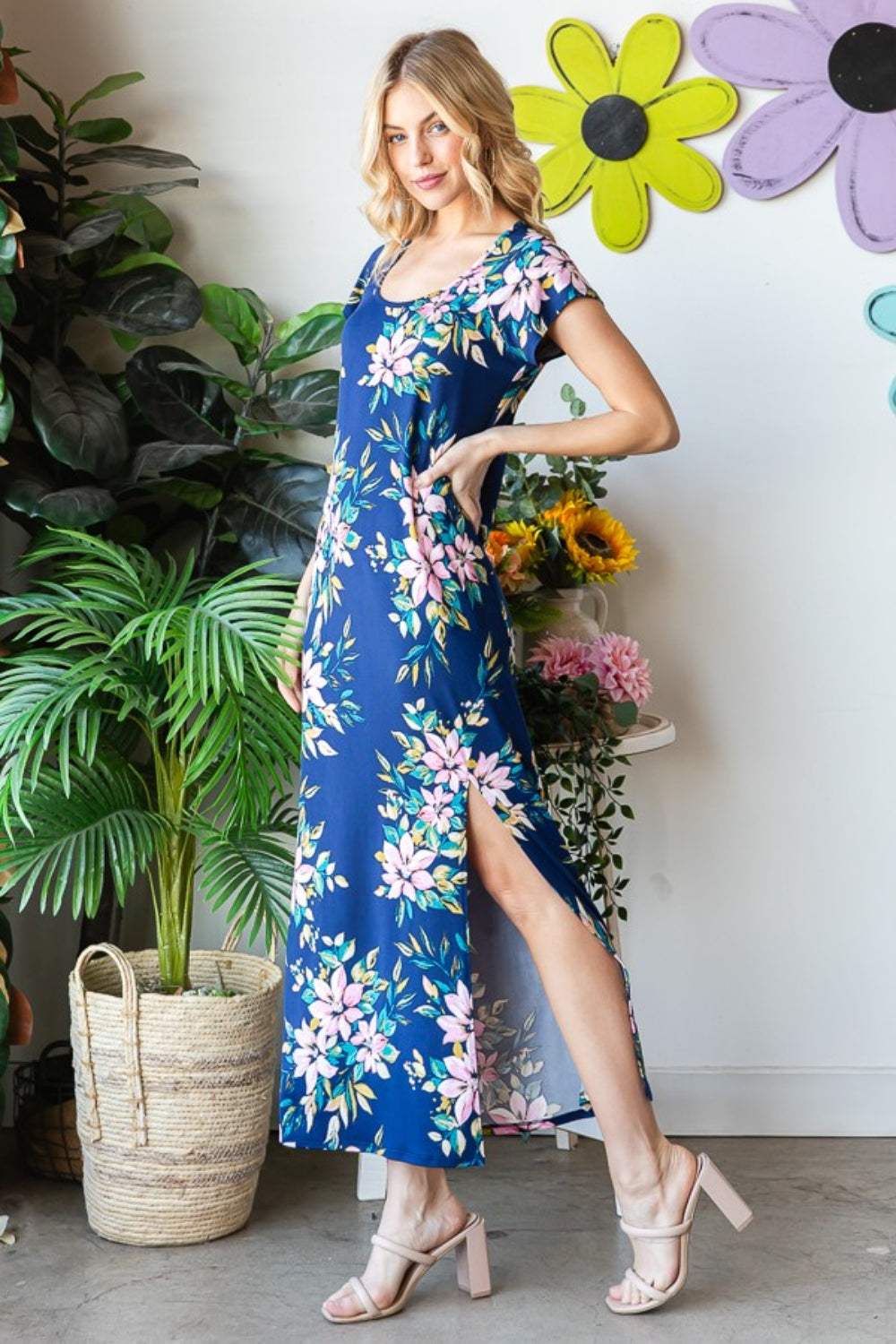 Heimish Full Size Floral Short Sleeve Slit Dress Casual Dresses - Tophatter Daily Deals