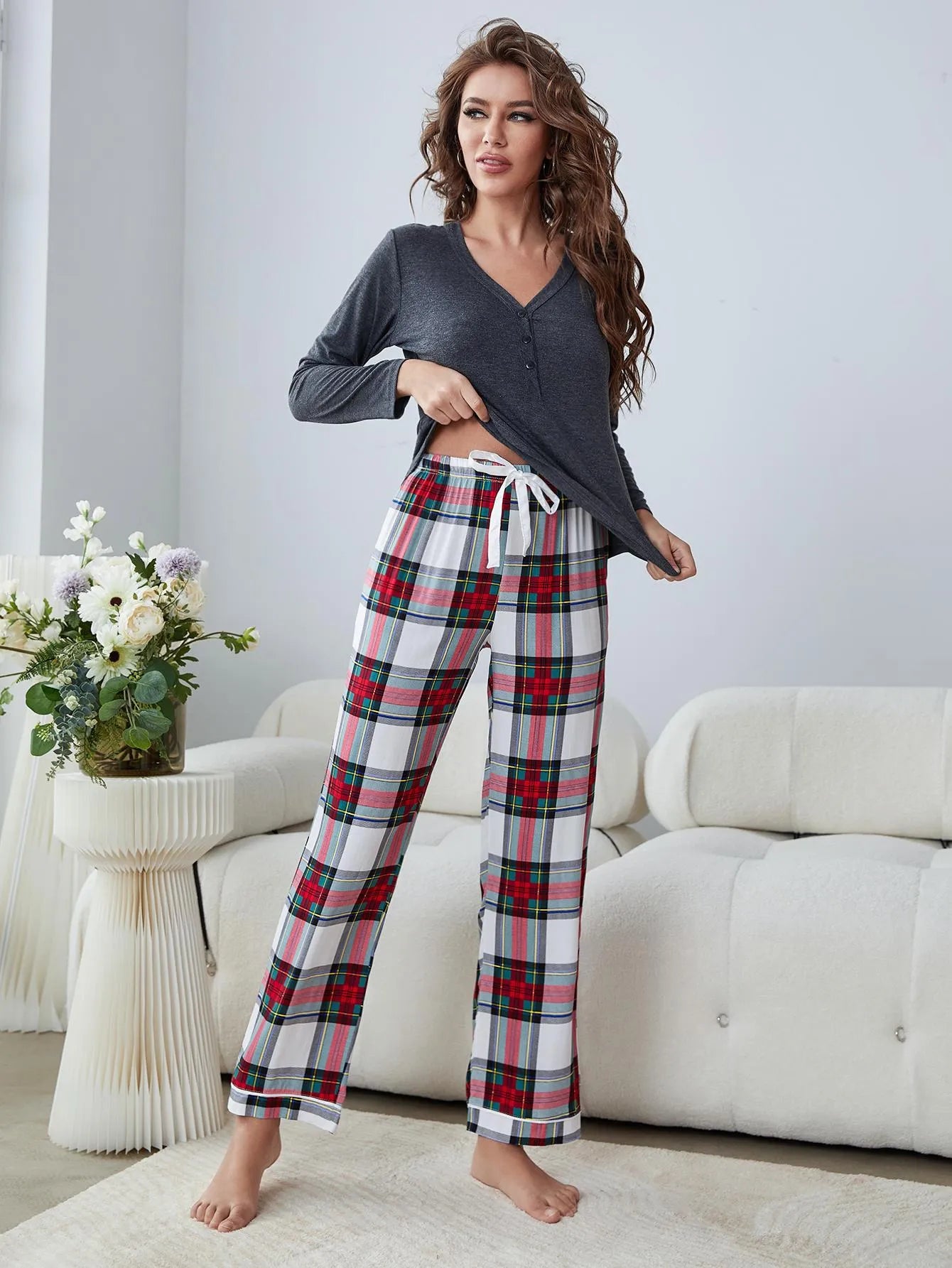 Buttoned Long Sleeve Top and Plaid Pants Lounge Set Grey Loungewear Sets - Tophatter Daily Deals