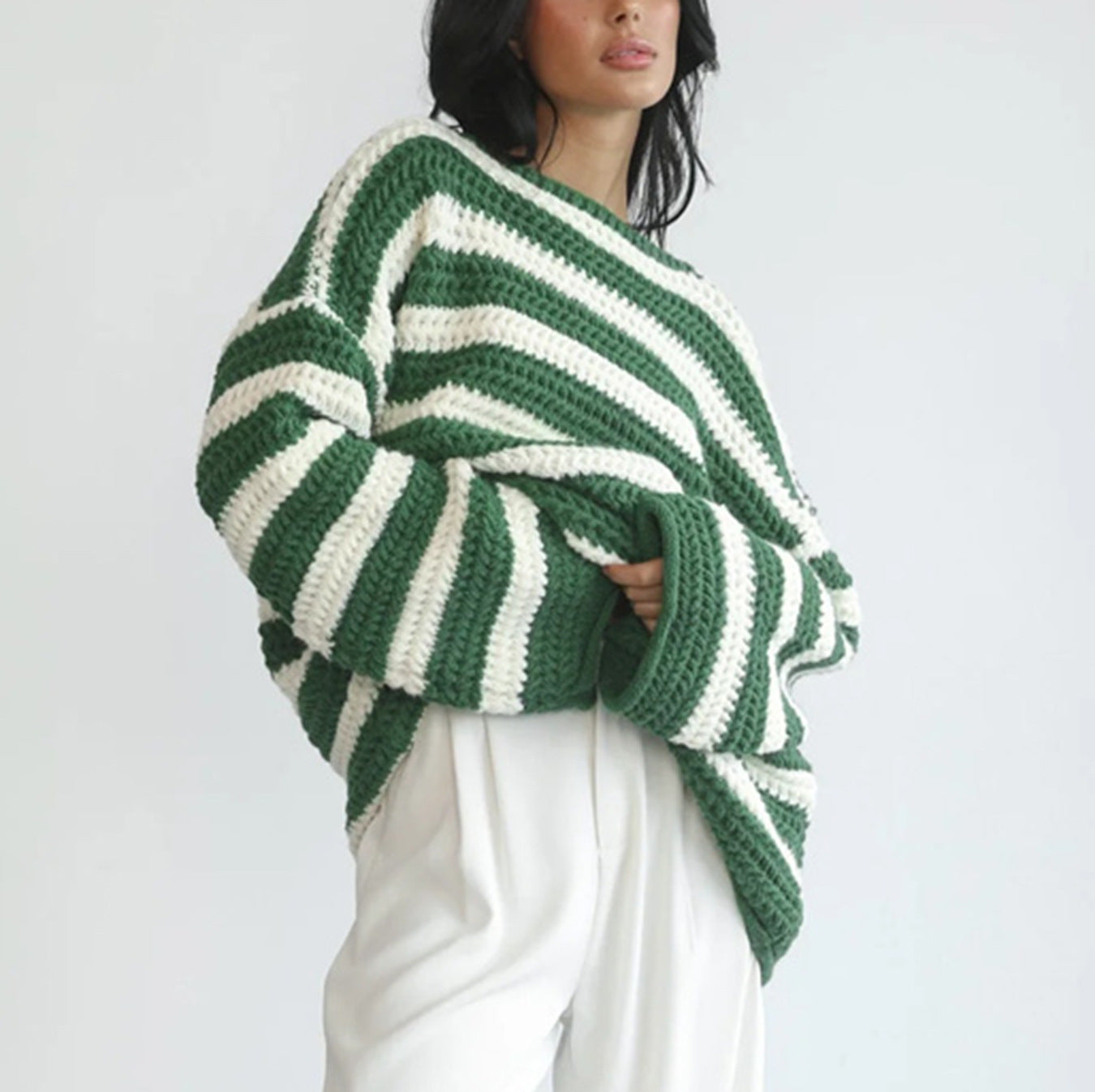 Oversized Women Off Shoulder Sweater - Striped Knit Casual 3D Changing Face Moving Picture Frame - Tophatter Daily Deals