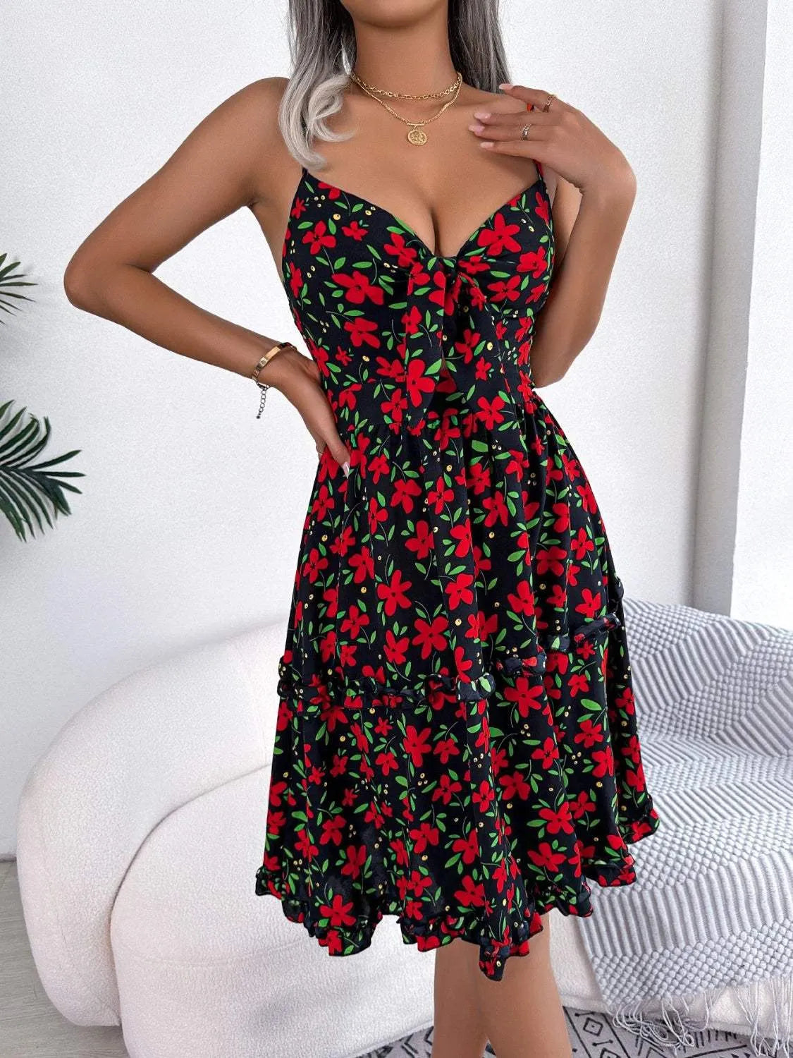 Printed Plunge Cap Sleeve Cami Dress Black Casual Dresses - Tophatter Daily Deals