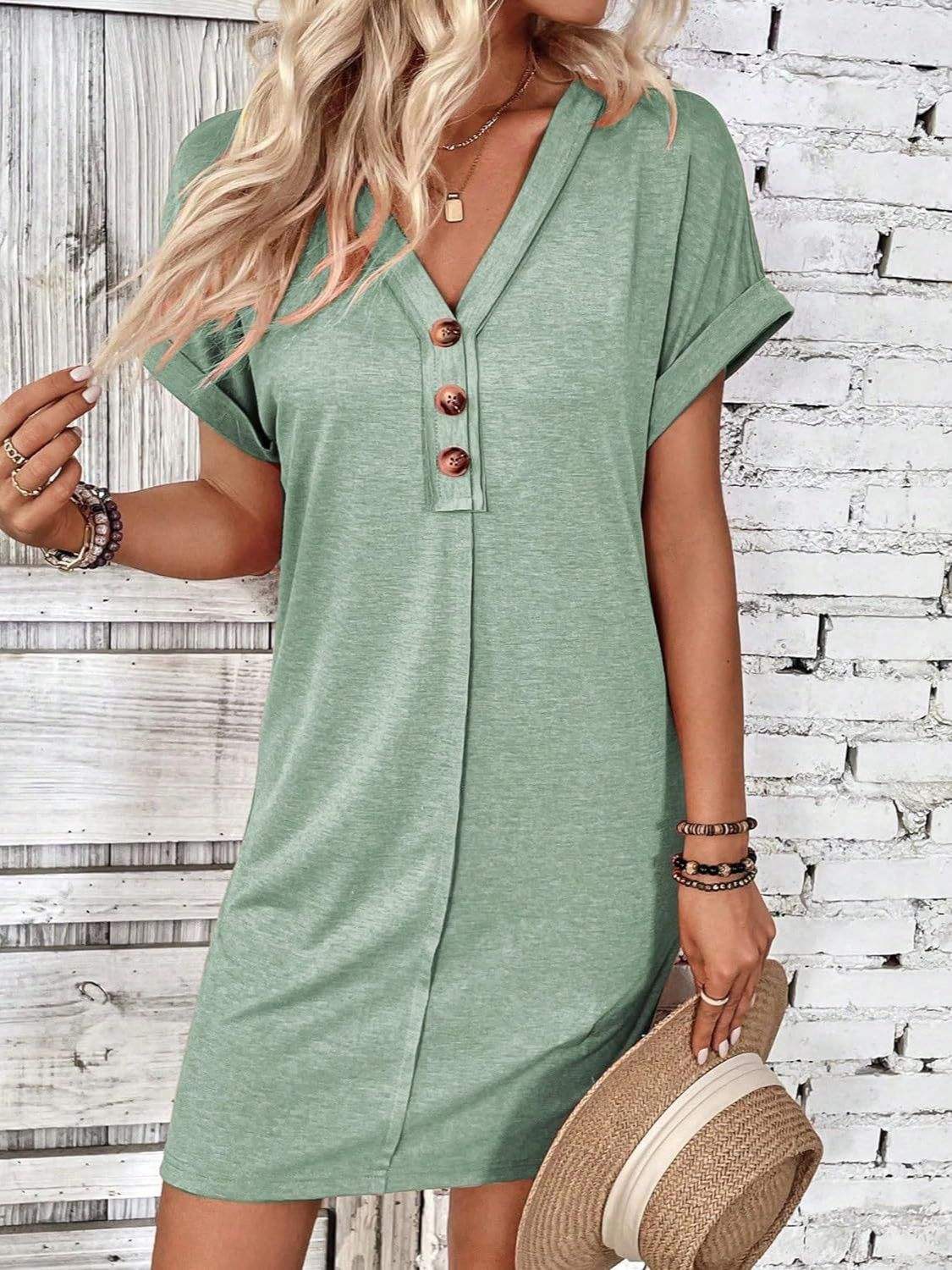 Quarter Button V-Neck Short Sleeve Dress Casual Dresses - Tophatter Daily Deals